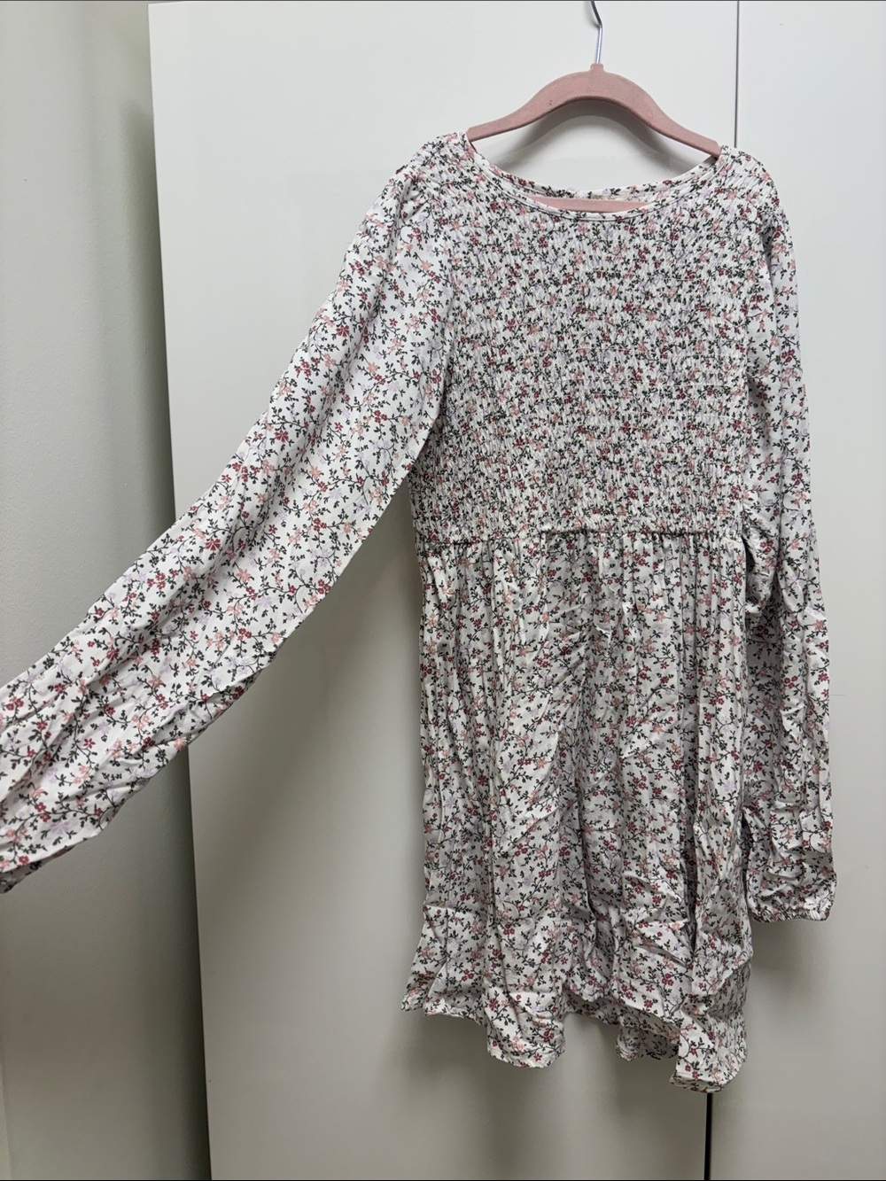 Girls' Floral Smocked Long-Sleeve Dress - White with Pink Flowers